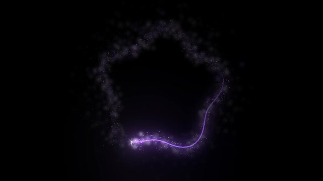 Amethyst glitter traces a slowly turning five lobe star outline on pure black as a sparkler head follows the curve trailing violet light with an open center for a logo