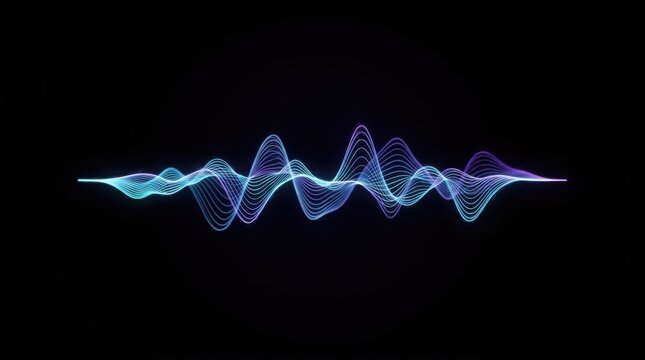 Neon blue and purple audio sound waves glowing against a dark background. Perfect abstract equalizer concept for modern music technology and digital media.