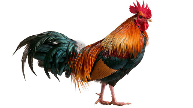 Vibrant colorful rooster with red comb and iridescent green tail feathers