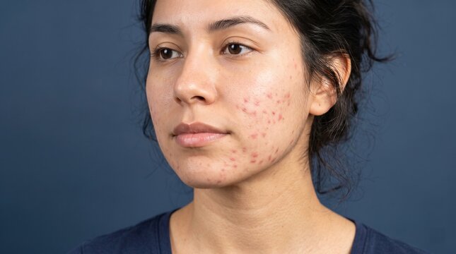 Three quarter portrait of a young woman with active acne vulgaris and red papules on face