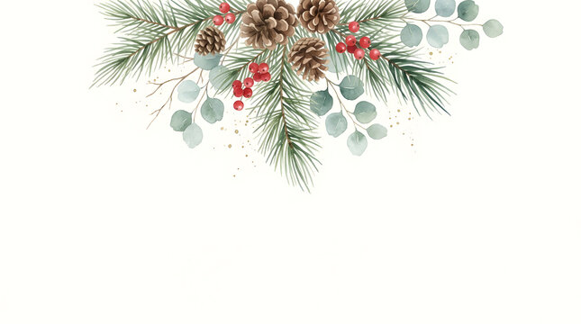 A beautiful christmas botanical illustration featuring pine branches eucalyptus pinecones and red berries for a festive winter holiday decoration design element