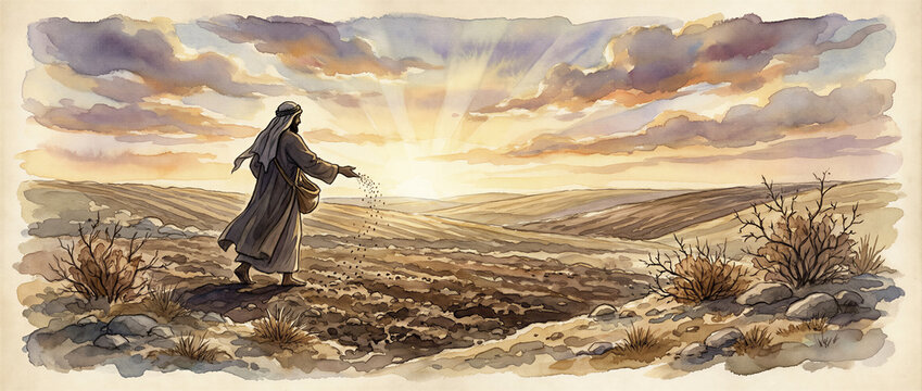 A sower scatters seed across a rugged field in the parable of the sower. Biblical teaching and Christian scripture. Agricultural sowing and spiritual growth. Watercolor illustration