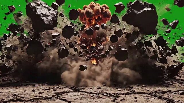 Realistic crater explosion with flying rocks and dust on green screen