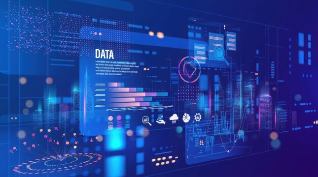 Futuristic digital data analytics dashboard with glowing charts and neon city skyline background. Ideal for business intelligence and big data technology presentations.