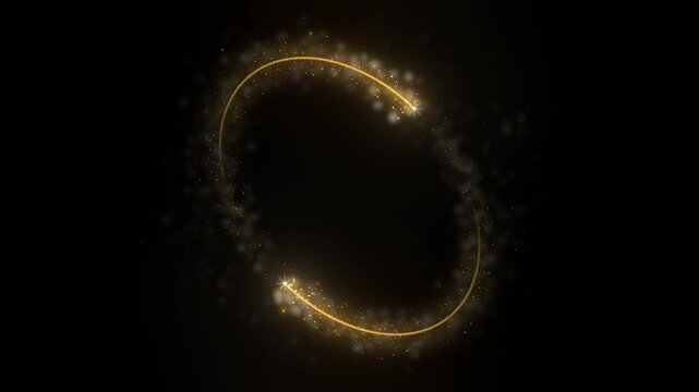 Gold glitter ring tilts away from the camera on pure black as two bright sparkler heads run the leaning circle trailing warm light while loose dust drifts clear of the open center for a logo