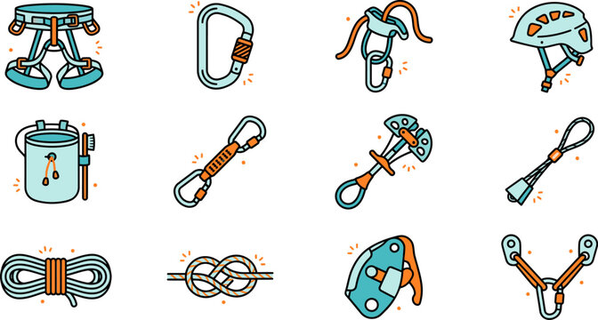 Rock climbing safety icons set with carabiners, harnesses, and climbing gear featuring carabiner