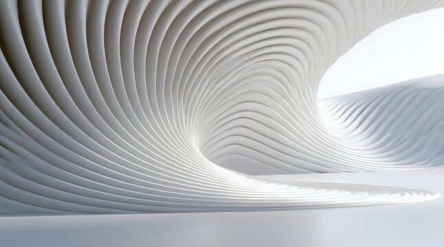 Abstract white architectural structure with flowing curved lines and soft lighting. This minimalist design is ideal for modern interior backgrounds or futuristic tech concepts.
