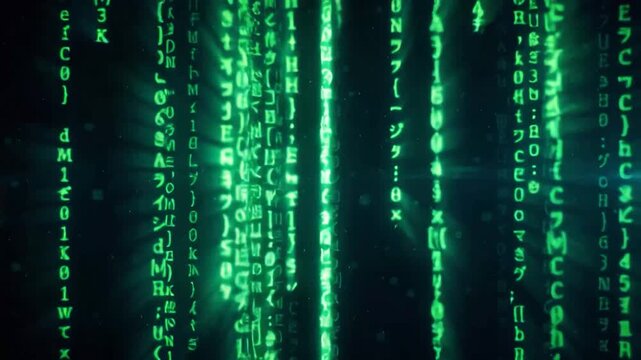 Green binary code raining down on black background, matrix style
