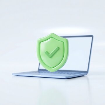 3D cybersecurity concept with green security shield featuring checkmark icon floating in front of laptop computer on light background, safe data protection and digital privacy illustration