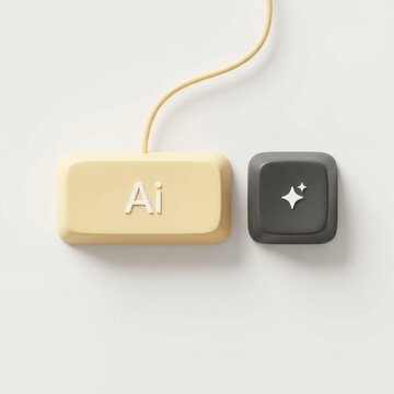3D AI Keyboard Keys with Sparkle Icon and Wire Connection, Minimalist Artificial Intelligence Technology Concept and Computer Typing Button Design on White Background