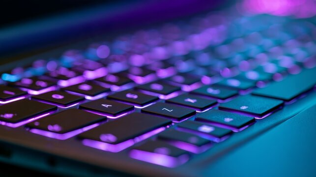 Macro close-up of a glowing laptop keyboard with vibrant purple and cyan neon backlighting, futuristic computer technology, illuminated keys, modern digital workspace, cyber aesthetic, and colorful rg