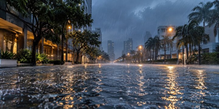 floodwater covers a city street during heavy rain