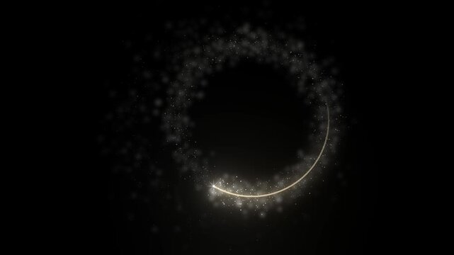 Ivory glitter ring sits off center on pure black while a single sparkler head sweeps the brighter crescent side of the circle and soft dust falls away leaving the middle open for a logo