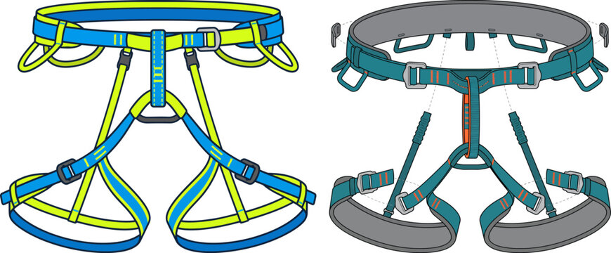 Ski harnesses illustration, two views of the climbing equipment featuring harness, safety