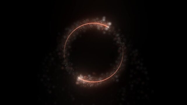 Rose gold glitter ring turns on pure black while loose glitter falls away beneath it like confetti and two sparkler heads sweep the circle leaving the center open for a bridal logo