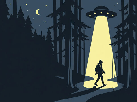 Person standing in a dark forest observing a glowing unidentified flying object