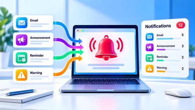 Digital notification bell ringing on laptop screen with floating email reminder and warning alert panels