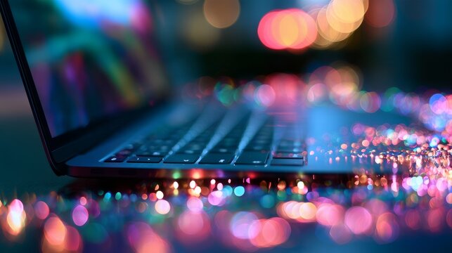 Vibrant abstract digital background featuring a laptop surrounded by colorful bokeh lights, representing digital connectivity, modern technology, creative innovation, online communication, and the evo