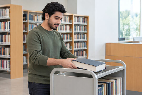 Man placing a large book on a library return trolley