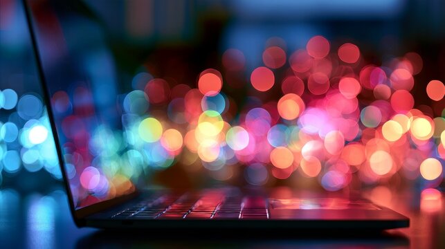 Vibrant abstract digital background featuring a laptop surrounded by colorful bokeh lights, representing digital connectivity, modern technology, creative innovation, online communication, and the evo