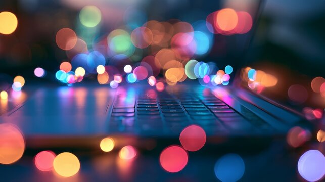 Vibrant abstract digital background featuring a laptop surrounded by colorful bokeh lights, representing digital connectivity, modern technology, creative innovation, online communication, and the evo