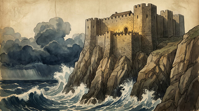 Biblical parable illustration of a fortified castle above stormy seas and rocky cliffs. Christian scripture and faith. Spiritual perseverance and protection. Storybook watercolor art.