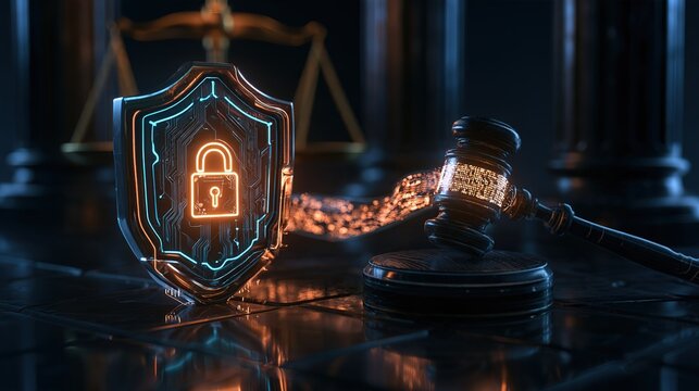 Futuristic legal graphic for cyber law concept. Stylized metallic shield with bright padlock icon and circuit traces on left, lit by neon blue and orange. Glowing data stream links shield to dark judi