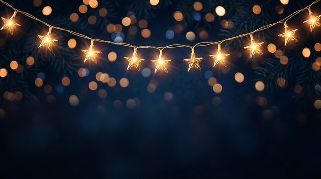 Festive string of glowing star shaped led fairy lights against a dark blurred evergreen pine background for holiday celebrations