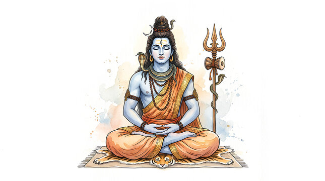 Serene depiction of Lord Shiva in meditative posture with traditional attire and symbolic trident