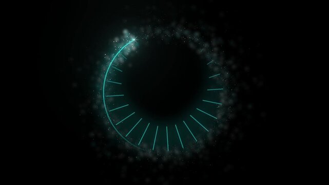 Teal glitter ring turns on pure black as fine radial spokes point inward toward the middle like a dial and a fast sparkler head sweeps the circle around the open center for a logo