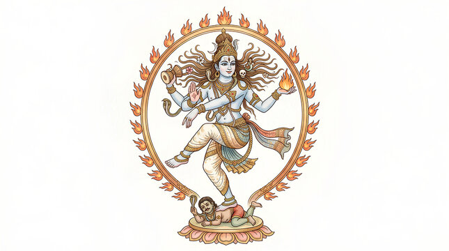 Intricate depiction of a divine multi-armed goddess surrounded by flames with a child at her feet showcasing spiritual symbolism