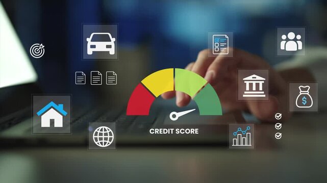 Credit score with financial icons concept. Ideal for concepts related to personal finance, credit management, and financial literacy.