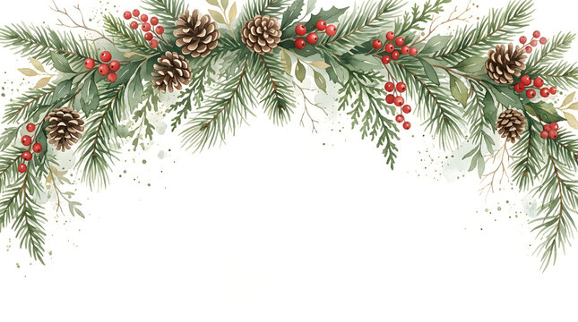Festive christmas holiday decoration featuring botanical pine branches eucalyptus pinecones and red berries for a beautiful winter greenery seasonal design element