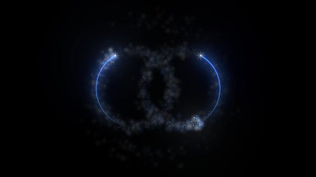 Two sapphire glitter circles overlap side by side on pure black with a bright sparkler head running each one in the opposite direction leaving both open centers free for a logo or a title