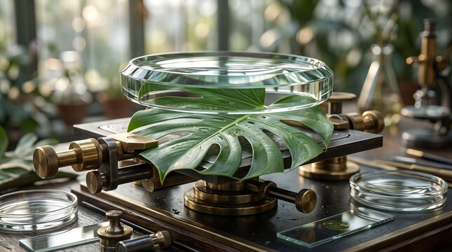 Green monstera leaf under a large glass magnifying lens on vintage brass scientific equipment for botanical research
