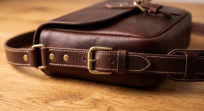 Close up of handcrafted brown leather shoulder bag with brass buckle