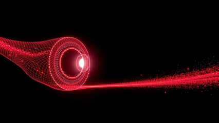 Fototapeta premium Red glowing tunnel, digital network. Lines converge toward bright point, creating futuristic effect. Dark background emphasizes light intensity.