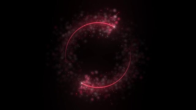 Wide ruby glitter band swirls on pure black as two bright sparkler heads cut through the scattered crimson dust around the circle leaving a clear open center for a logo or a title card