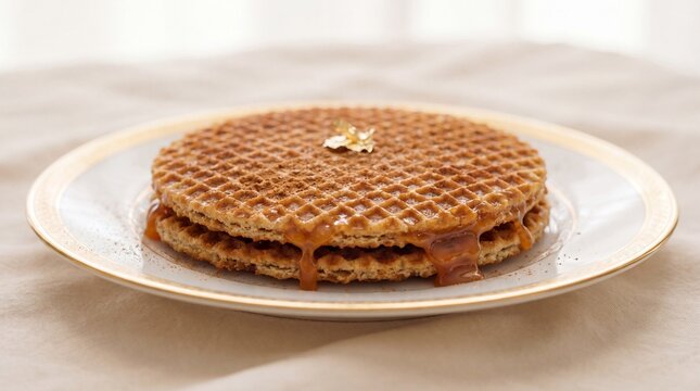 Delicious dutch stroopwafel with caramel filling served on a white