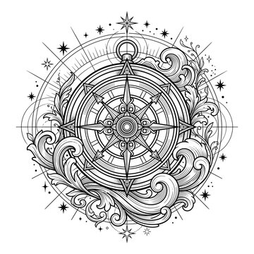 Ornate Nautical Compass Illustration with Swirling Floral Decorative Elements