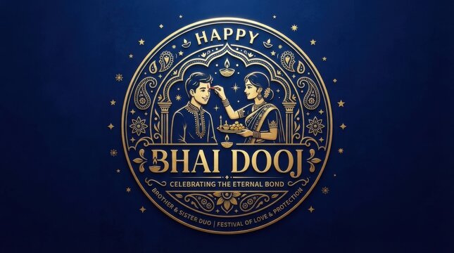 Circular royal blue and gold logo celebrating the sacred Bhai Dooj festival