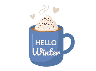 A blue mug with the text hello winter, filled with hot chocolate and whipped cream, isolated on a white background. © Blank mind