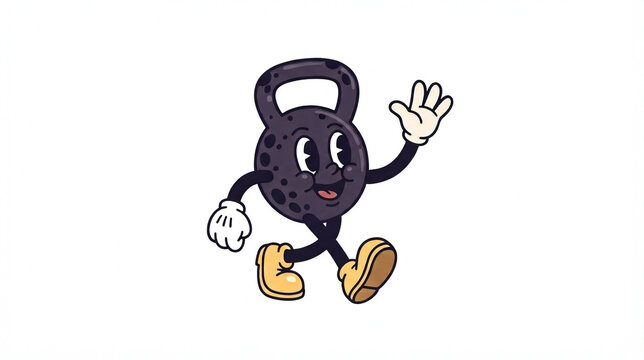 Vintage kettlebell cartoon character. Retro rubber hose style fitness mascot waving hello while walking. Isolated vector illustration on a plain white background.
