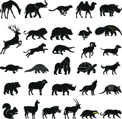 Fototapeta premium A diverse grouping of dark silhouetted wildlife animals featuring lions elephants deer bears gorillas and many other fascinating creatures in nature