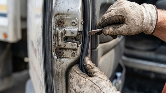 Close-up of seal being fixed on truck door latch, secure cargo transport and shipment integrity