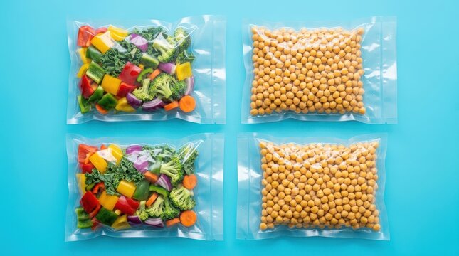 Vacuum sealed bags with fresh chopped vegetables and chickpeas on a bright blue background