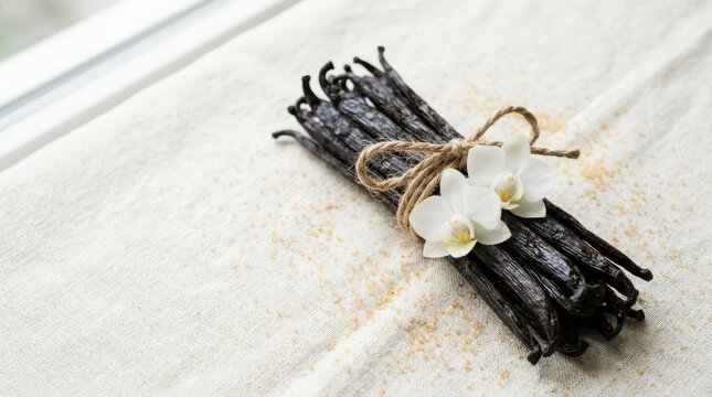 Bundle of vanilla beans tied with twine and decorated with white orchid flowers