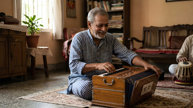 elderly man enjoying traditional music session playing a harmonium in cozy home setting