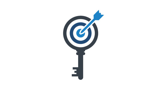 Target key icon vector graphic illustration featuring blue and black arrow hitting center bullseye