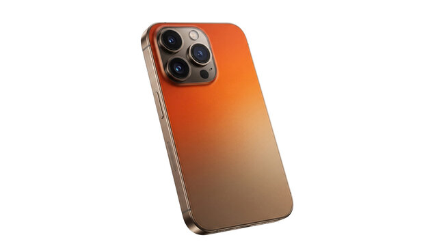Sleek orange gradient smartphone with triple camera system, premium metallic mobile phone for tech marketing, modern gold cellular device isolated PNG with Transparent Background